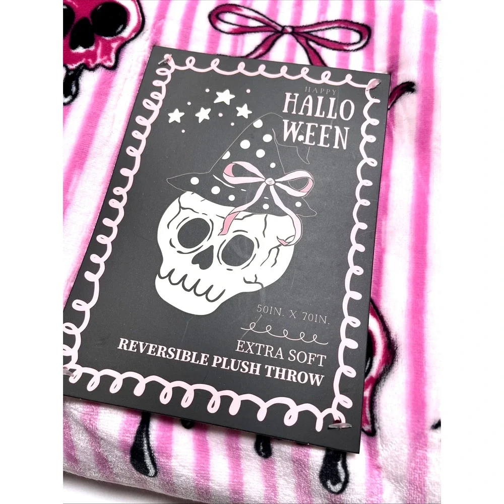 Halloween Pink Skull Cherry Reversible Plush Throw Blanket 50x70 Goth Kawaii NWT